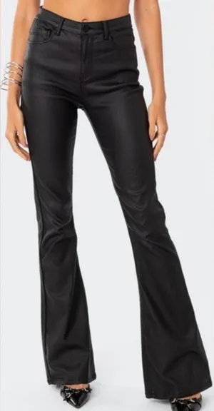 Edikted Womens Pants Size S Black‎ Faux Leather High Rise Wide Leg Flared thumbnail 1