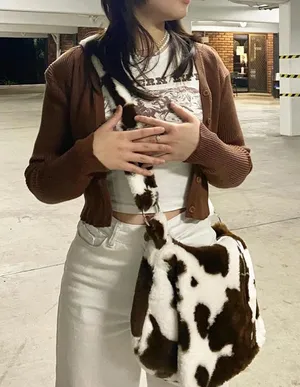 Y2K Faux Fur Crossbody Bag Cow Print Western Cowgirl indie streetwear Brown thumbnail 1
