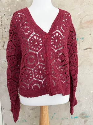 Ultra Pink Long Sleeve Crochet Cardigan thumbnail 2