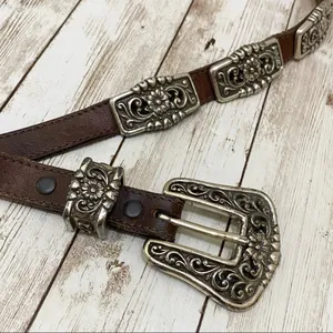 Justin Boots Brown Leather Silver tone Flower Conch Western Belt Size 35 thumbnail 6