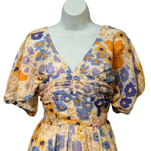 JardinVue Floral Tiered‎ Maxi Dress Orange Purple Puff Sleeve V-Neck Small NWT thumbnail 5
