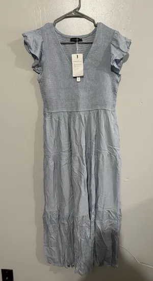 Merokeety Women's Flutter Sleeve Smocked Midi Dress Tiered, L Light‎ Blue thumbnail 1
