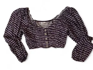 Urban Outfitters Purple Cropped Button-Front Top with Cream Dash Print thumbnail 1