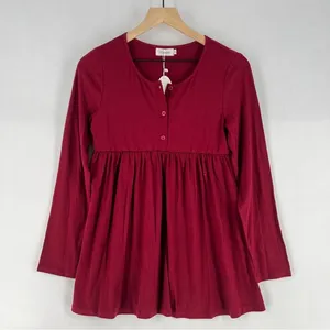 Coolmee‎ Soft Stretch Burgundy Pleated Babydoll Long Sleeve Henley Tunic Top thumbnail 1