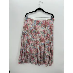 Chaps Denim Womens Large Pink Blue Floral Tiered Cotton Midi Skirt Boho Cottage thumbnail 2