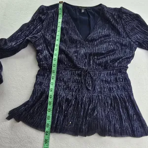 White House Black Market Navy Blue Metallic‎ Pleated Smocked Peplum Blouse Small thumbnail 11