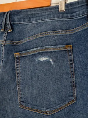 Good American Good Straight Jeans Womens 18 Blue Distressed Knee Raw Hem Med Was thumbnail 5