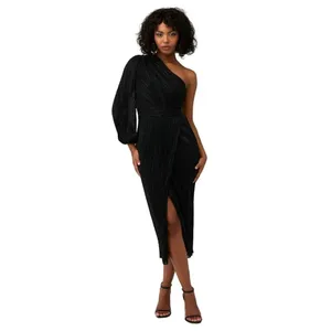 Saylor Alora Dress in Black Metallic Womens Plisse One Shoulder Midi thumbnail 5