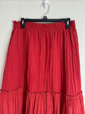 Vintage Coral Red Tiered Maxi Broomstick Crinkle Smocked Y2K Skirt size 12 thumbnail 3