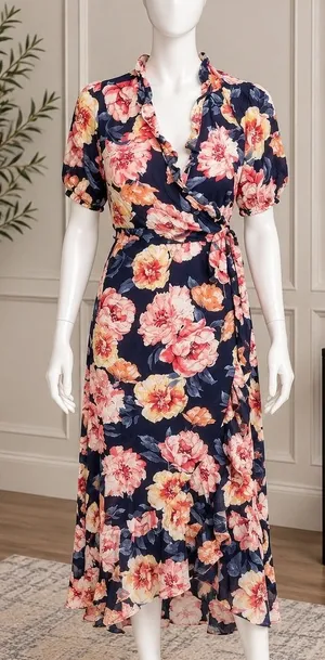 Old Navy Womens Wrap Dress Navy Pink Floral Ruffle Midi Small thumbnail 1