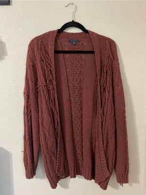 American Eagle Fringe Cable Knit Open Front Cardigan Rust Size XS/S Oversized thumbnail 7