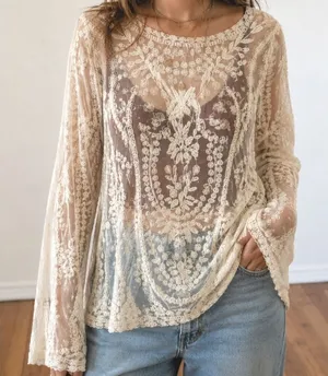 Vivid Collection Ivory Lace Top OS Hippie Romantic Sheer Floral Festival Fairy thumbnail 1