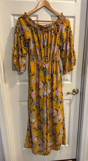 Flying Tomato Mustard Floral Jumpsuit with Floral & Crane Print thumbnail 1