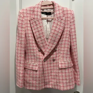 Bloggers Fave Zara Textured Tweed Checkered Pink White Double Breasted Blazer thumbnail 5