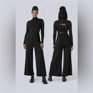 NWT Halara hooded wide-leg jumpsuit in classic neutral brown, back slits, sz XS thumbnail 2
