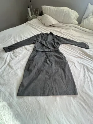 Hugo Boss gray belted waterfall v neck collared trench mid length dress M thumbnail 19