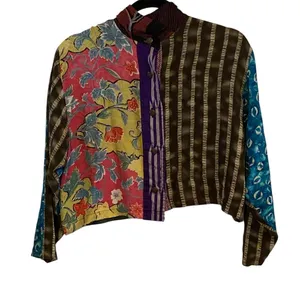 Yvonne Agaro Collections Multicolor Patchwork Cropped button down shirt Jacket Green Size L thumbnail 5