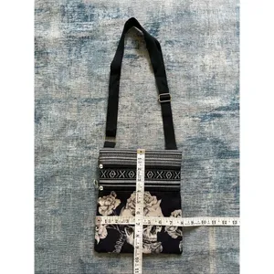 White Black Rose Flower Skull Cotton Canvas Two Pocket Crossbody Shoulder Pouch thumbnail 5