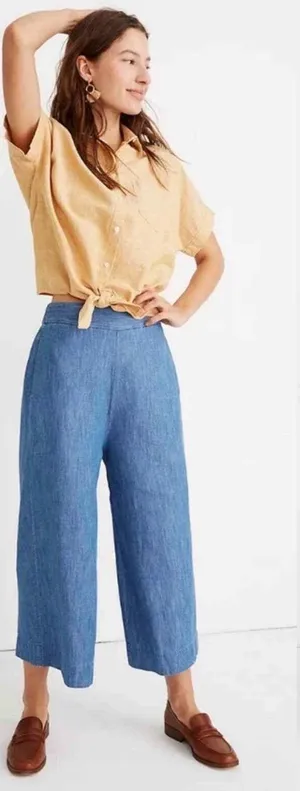 Madewell Huston Chambray Pull-On Cropped Wide-Leg Linen-Blend Pants - Size Small thumbnail 1