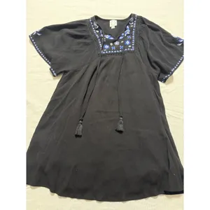 Blue Rain Black Embroidered Boho Mini Dress‎ Floral Tassel Tie Flutter Sleeve S thumbnail 7