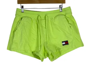 Tommy Hilfiger Logo Patch Solid Sweat Shorts Neon Lime Green Streetwear Size L thumbnail 1