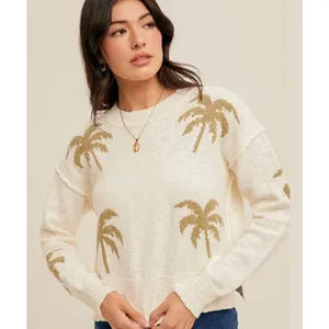 hem & thread Palm Tree Knit Sweater Medium Cotton Cream Olive Green Crew Neck thumbnail 8