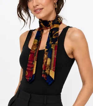 Womens 100% Silk Skinny Scarf Multicolor Baroque Plaid Neck Hair Tie 24x2in Boho thumbnail 1