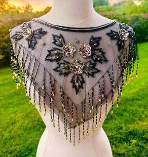 Fina Moda Vintage Beaded Black Mesh Caplet Collar Scarf with Fringe & Sequins thumbnail 1