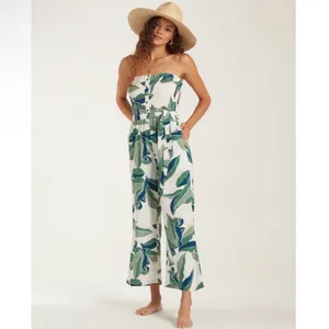 billabong Green Leaf Print Cropped Jumpsuit Wide Leg Size Medium Cotton blend thumbnail 4