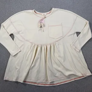 Easel Emma Tunic Top Women's Small S Ivory Red Contrast Stitch Long Sleeve NEW thumbnail 1