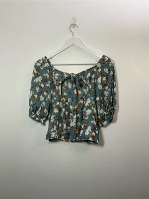 Sienna Sky Floral Puff-Sleeve Blouse in Sage Blue White & Rust Accents Medium thumbnail 2