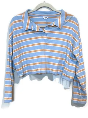 Cotton On Light Blue and Mustard Striped Cotton Cropped Long Sleeve Polo thumbnail 5