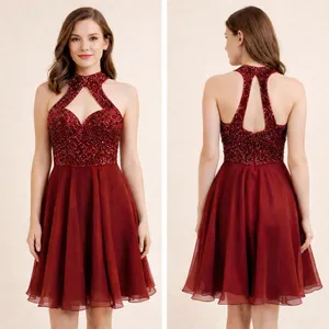 Sherri Hill‎ Red Halter Fit & Flare Cocktail Dress Women's Size 2 Beaded Formal thumbnail 2