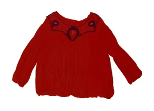 Vintage Embroidered Boho Blouse Large Orange Red Textured Linen Blend Peasant thumbnail 1