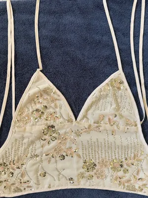Y2k Sequin Beaded Halter Top Ivory Fairycore Coquette Party Going Out Corset thumbnail 6