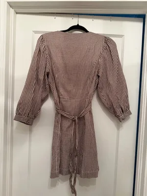 Tularosa Brown and White Gingham Button/Wrap Mini Dress thumbnail 3