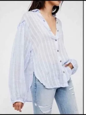 Free People Light Blue & White Striped Button-Down Top thumbnail 1