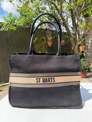 ST BARTS Black Canvas Tote Bag Beige Stripe Resort Beach Handbag thumbnail 18