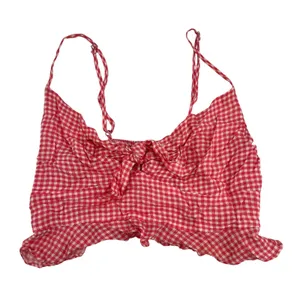 Dress Forum red & white gingham print crop tank top front bow knot ruffle medium thumbnail 2
