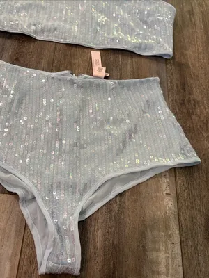 Victorias Secret Iridescent Sequin 2 Piece Set Lingerie Crop Top Panty Blue NEW thumbnail 7