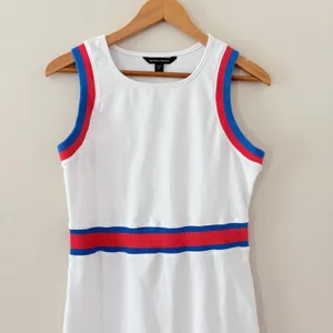 Boston Proper Sport Dress Medium White Red Blue Striped French Terry Flounce Hem thumbnail 4