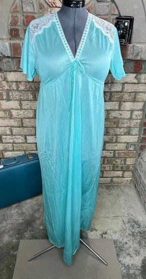 nightgown satin aqua lace V neck long thumbnail 1