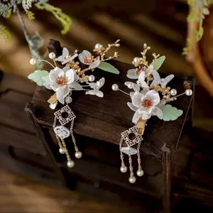 New Chinese Hairpin Hair Clip For Women Glazed Flower Pearl Tassel Headpiece thumbnail 6