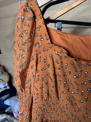 NWOT T.B.F.O Rust Orange Ditsy Floral Smocked Mini Dress Size Medium thumbnail 5
