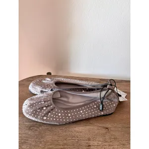 NWT Zara Taupe Rhinestone Satin Square Toe Studded Ballet‎ Flats 38 / 7.5 thumbnail 2