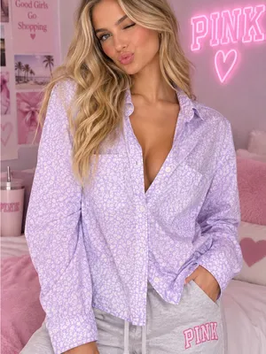 NWT PINK Victoria’s Secret Lavender Floral Button-Up Shirt Medium thumbnail 1
