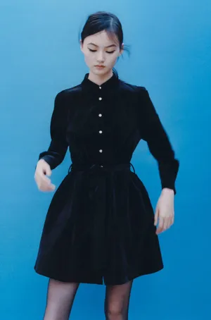 Black Button Down Velvet Mini Dress thumbnail 1