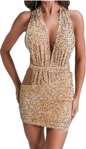 Knowles Gold Sequin Plunge Bodycon‎ Dress thumbnail 1