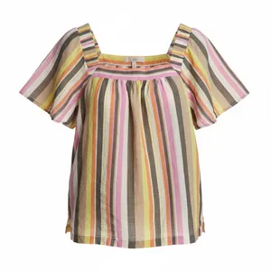 LOFT Women Lg Pink Orange Yellow Striped Square Neck Flutter Sleeve Cotton Top thumbnail 2
