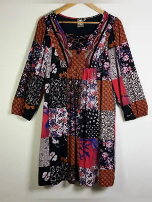 Anthropologie One September Womens Sz L Patchwork Tunic Dress Embroidered Beaded thumbnail 2